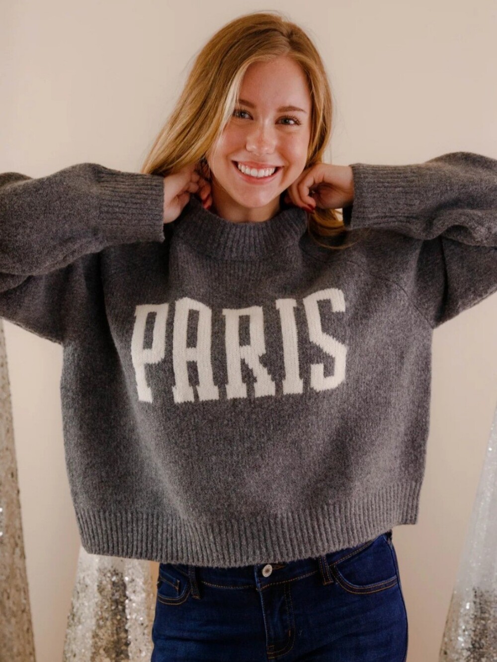Divided Gray 'PARIS' Crewneck Sweater With Bubble Long Sleeves Womens Size L